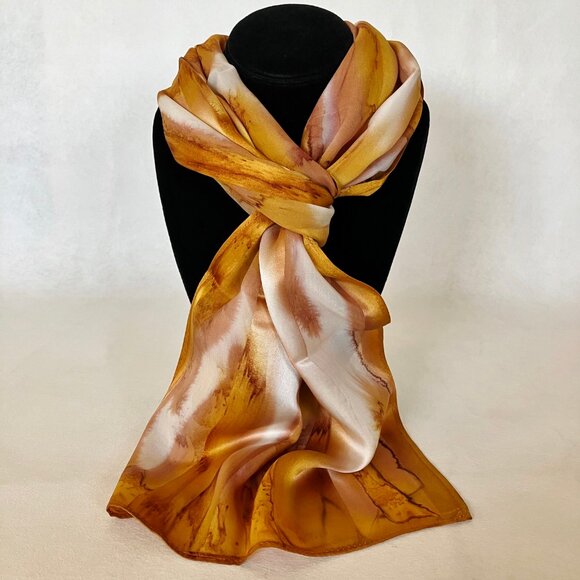 Hand Painted Silk Scarf Gold White Womens Unique Oblong Head Neck Hair New Gift - Picture 1 of 5